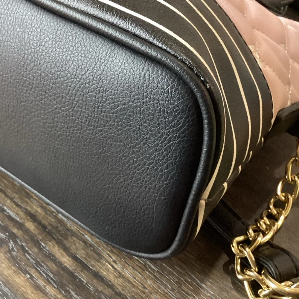 Betsey Johnson Pink and Black Quilted Satchel with Stripe Detail